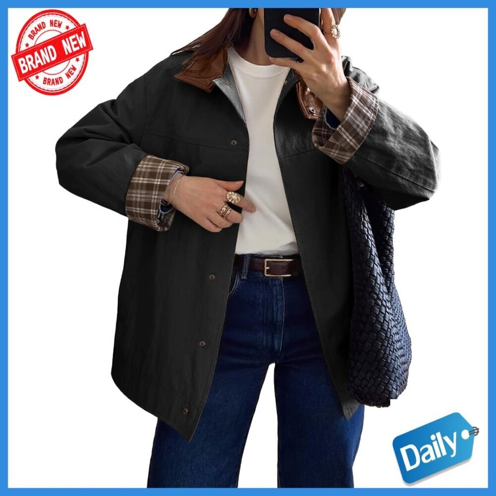 Oversized Trench Coat Windproof Polyester Leather Collar Plaid Cuffs Relaxed Fit